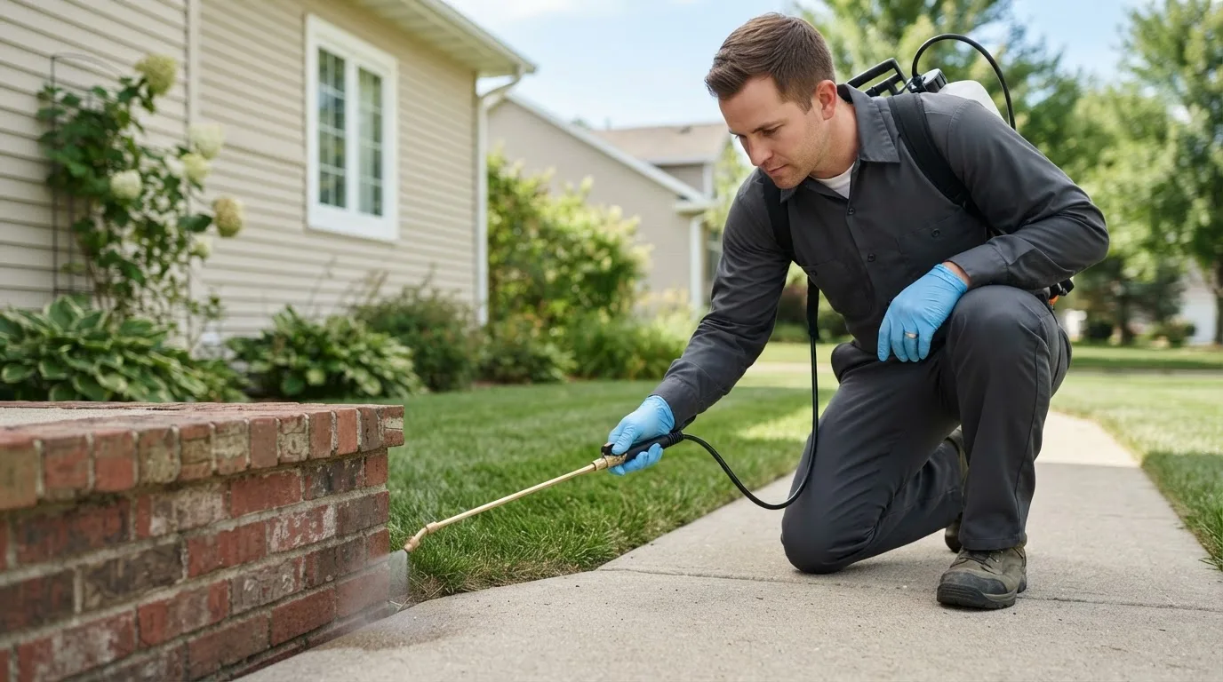 Pest control technician treating a home near North Easton, MA