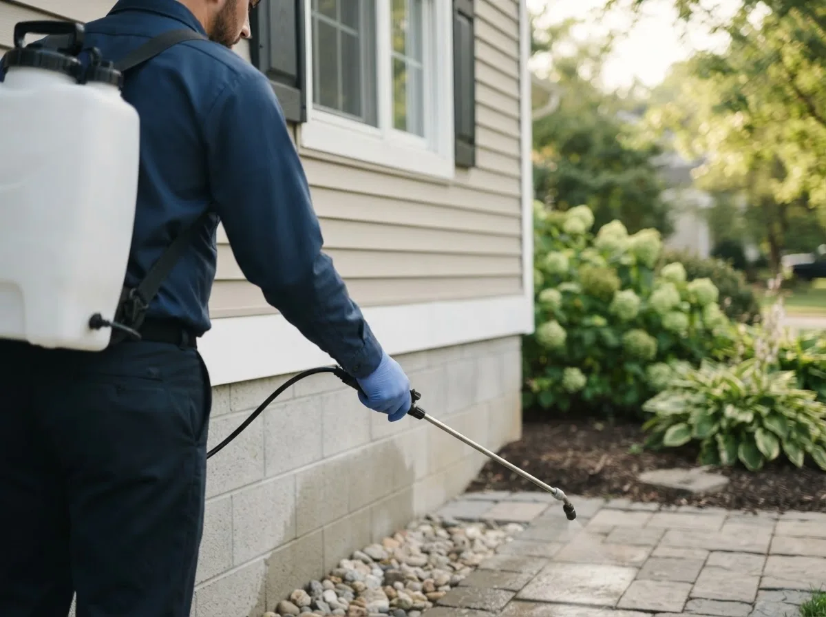 Pest control technician inspecting a home in North Easton, MA